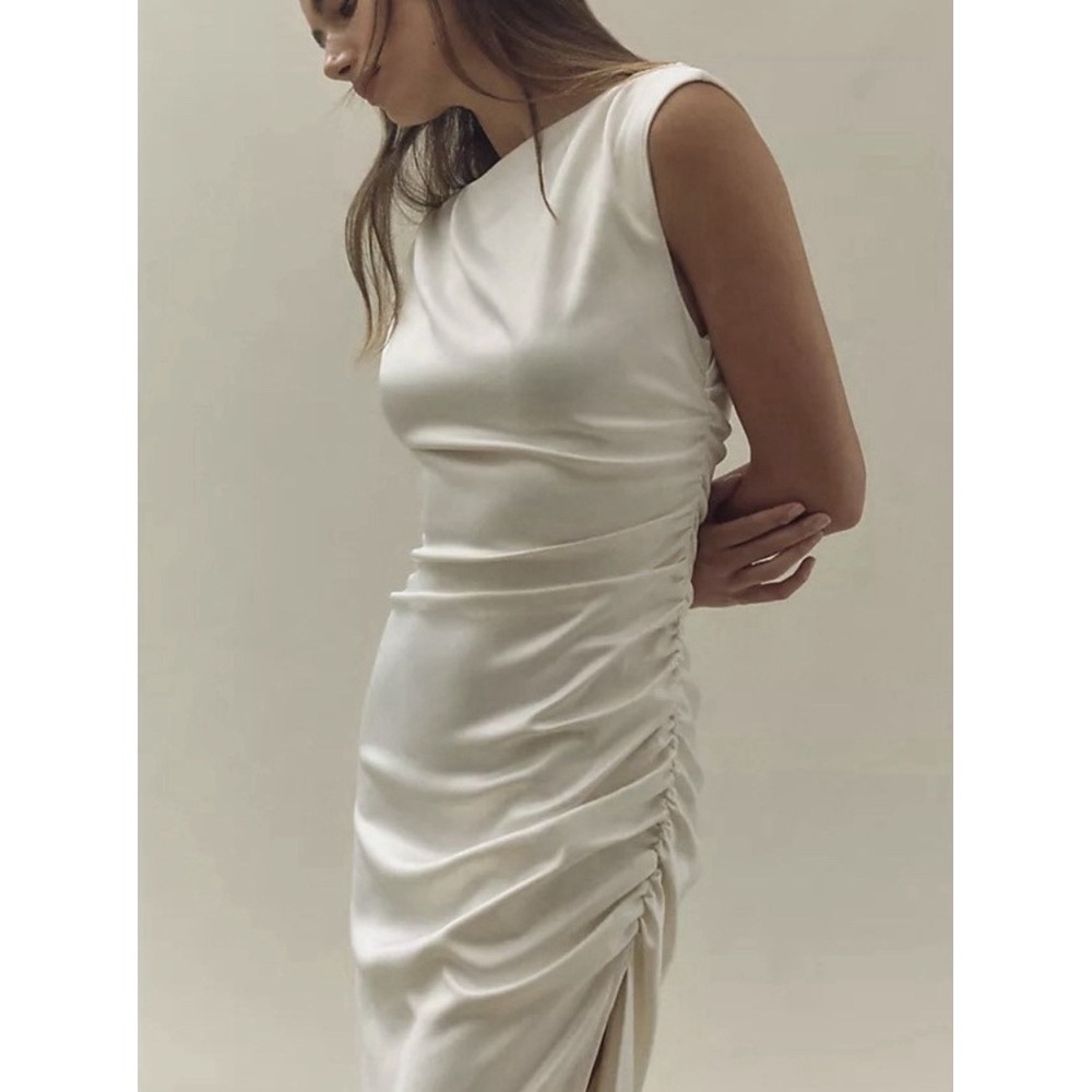 BHLDN Anthropologie Francesca Ivory Satin Midi Dress High Neck Ruched Size XS
